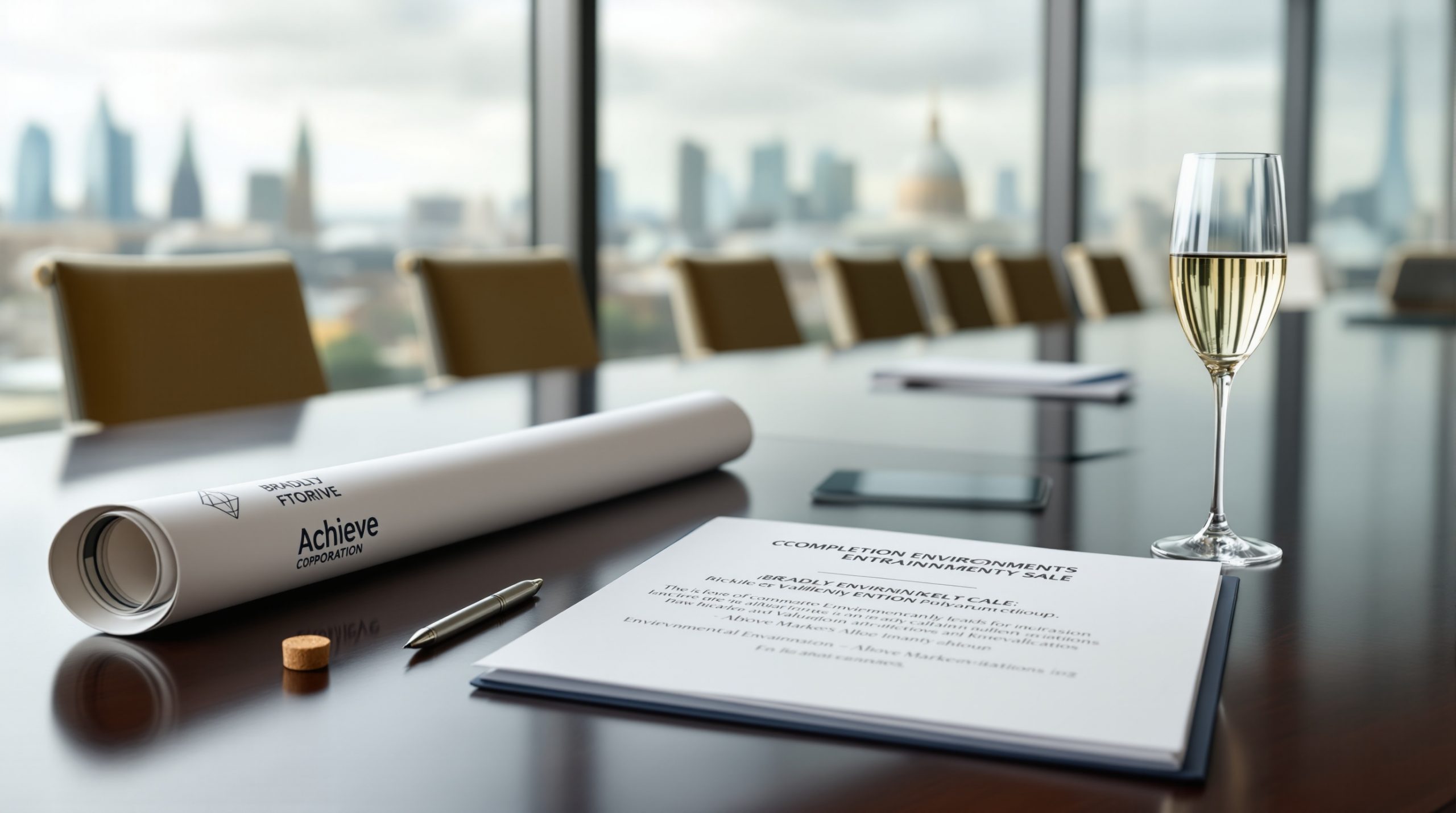 ondon boardroom with polished dark wood table, Completion Documents binder labelled “Bradley Environmental Sale — Completion 1 August 2025,” tombstone sheet announcing Achieve Corporation’s advisory role, champagne flute, and London skyline in background.