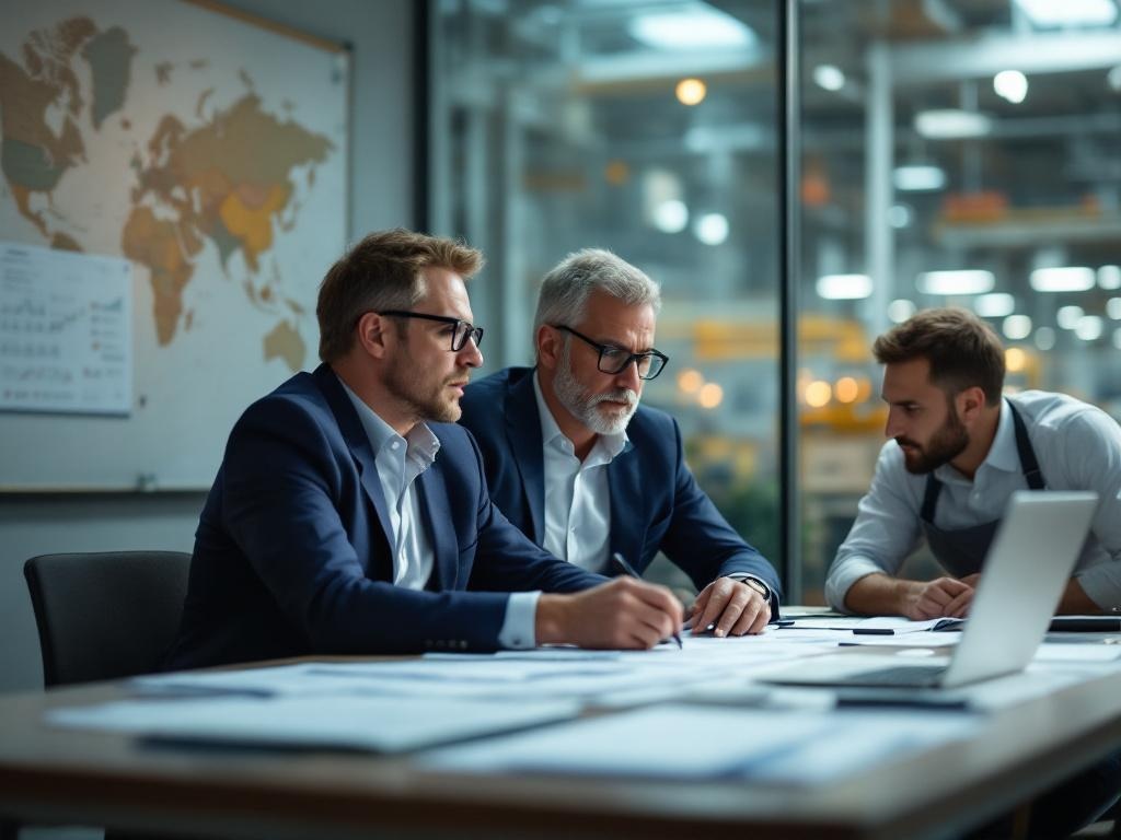 Achieve Corporation acquisitions team led by Mark Roberts reviewing Day-1 integration; blurred ops/IT dashboards, hands pointing, UK office, neutral-cool daylight.