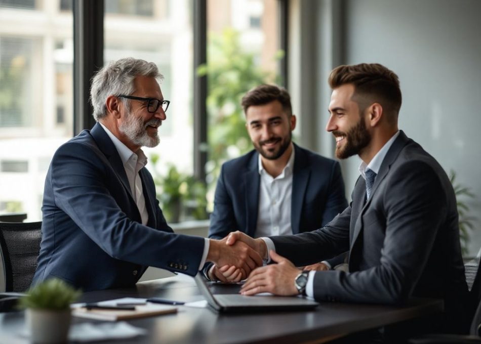 Mark Roberts, senior partner at Achieve Corporation, observes as an SME founder hands a laptop and site keys to a buyer in a UK office; discreet smiles; no handshake.