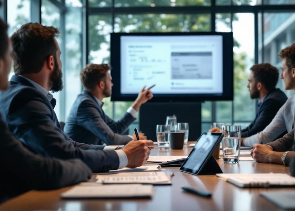 Founder pitching a VC and equity funding round to a compact investment committee in a UK glass-walled boardroom; blurred traction slide; printed term sheet on table.