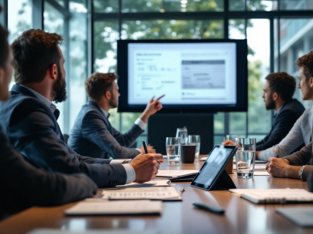 Founder pitching a VC and equity funding round to a compact investment committee in a UK glass-walled boardroom; blurred traction slide; printed term sheet on table.