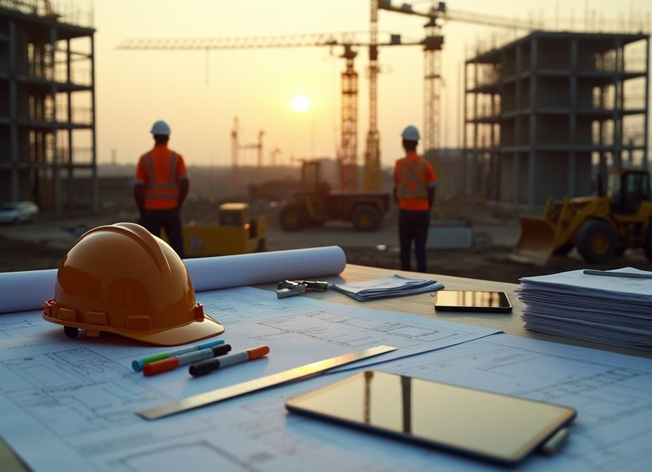 Civil engineering site with cranes, scaffolding, and machinery in the background; foreground drafting table with blueprints, dossier labelled “Target Companies,” and a document titled “Civil Engineering Companies Wanted — Budget £32 Million.”