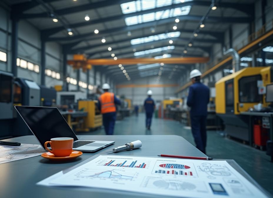UK engineering facility with CNC machines, welding bays, and fabrication rigs in sharp focus; foreground boardroom desk with Target Dossiers, blueprints, and an “Engineering Acquisition Strategy — UK Growth” document.