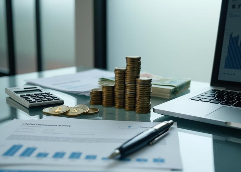 Achieve Corporation capital deployment desk with stacked £1 and € coins forming a rising bar chart, brass £ paperweight, sterling banknotes, term sheet envelope, and blurred deal-pipeline on laptop.