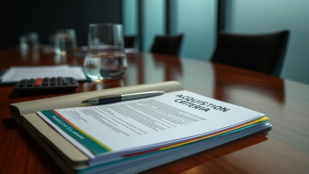Achieve Corporation acquisition targets boardroom table with Target Dossiers, Acquisition Criteria document, Proof of Funds letter, and timeline notes showing speed and certainty.