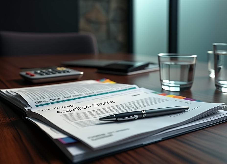 Achieve Corporation acquisition targets boardroom table with Target Dossiers, Acquisition Criteria document, Proof of Funds letter, and timeline notes showing speed and certainty.