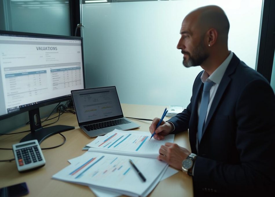 Achieve Corporation conducting a fast, independent and confidential business valuation in a private UK office; valuation workbook (DCF, WACC, Terminal Value, EV/EBITDA) and printed summary on desk.