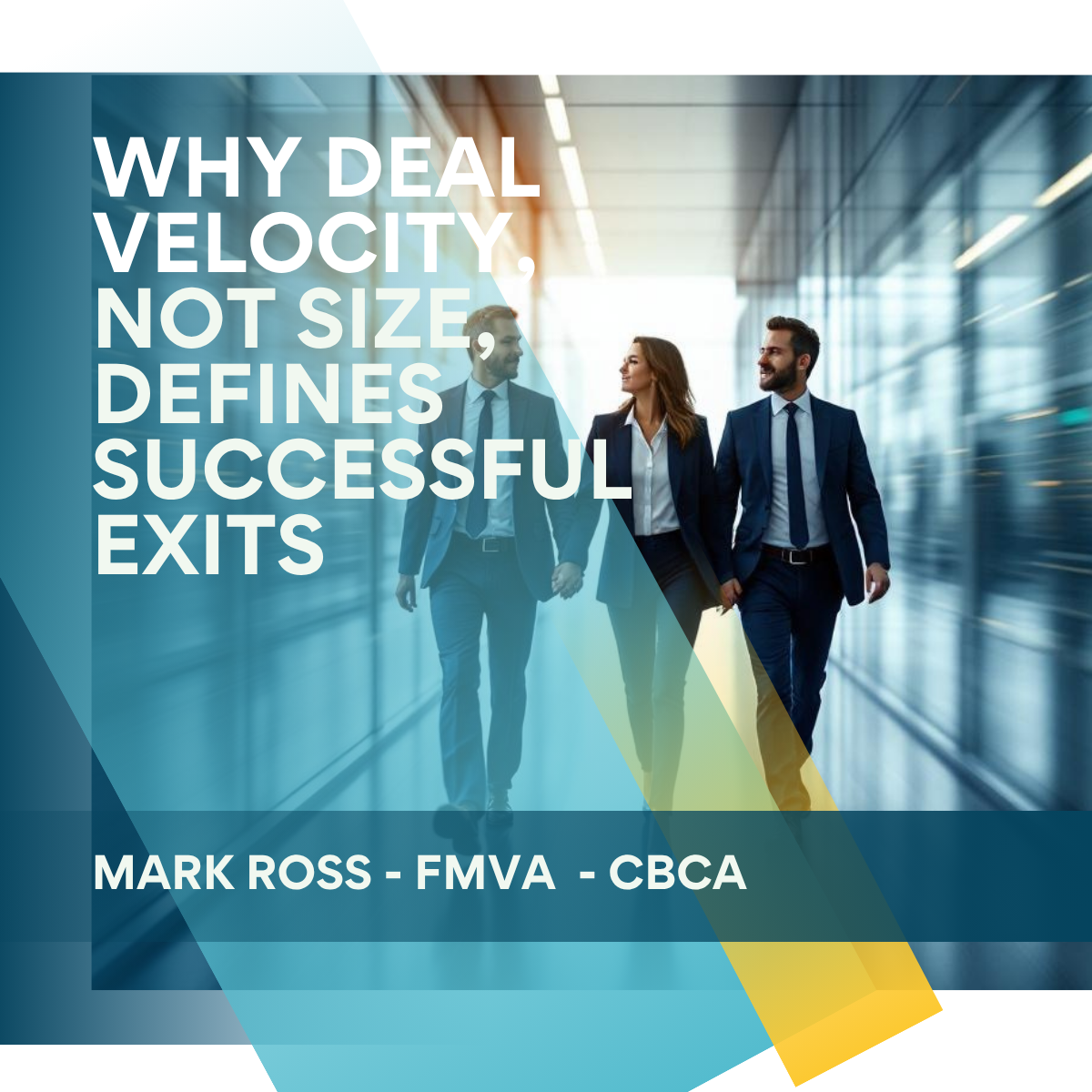 Two senior executives and an adviser walking decisively through a modern glass office, motion-blur symbolising controlled deal momentum and confidence.